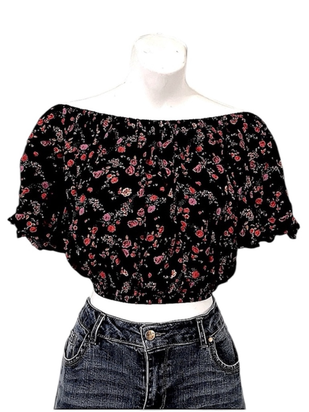 Forever 21 Cropped Elastic Hem Floral Off Shoulder Cropped Boho Peasant Top Sz S